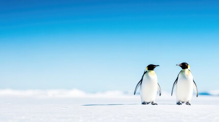 Two charming penguins stand on a snowy landscape under a bright blue sky, showcasing the beauty of nature in the polar region.