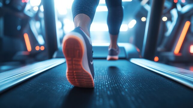 Detail on man feet running in a gym on a treadmill, Happy new year 2024.