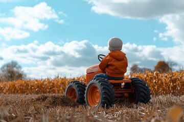 Cute little boy farmer in a toy tractor in the corn field, playing helping in corn harvest in the...