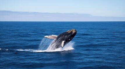 Fototapeta premium Whale breaching the surface of a deep blue ocean, creating a dramatic splash, calm horizon line