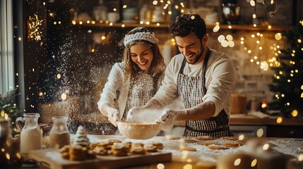 A couple baking Christmas cookies together, playfully tossing flour at each other in a warm kitchen