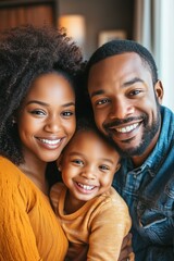 Young smiling family of african american parents and their toddler kid taking selfie photo at home