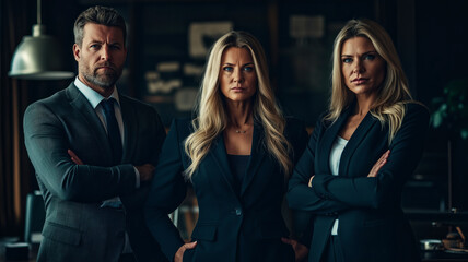 Fototapeta premium Three confident business professionals in modern office setting, displaying teamwork and leadership in formal business attire.