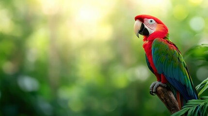 Fototapeta premium Vibrant macaw perched on a branch, surrounded by lush greenery, showcasing its colorful feathers in a tropical setting.