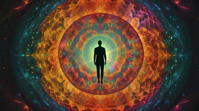 Adult male floats inside a glowing orb while the space around him explodes in colors. Concept of psychedelic experience, DMT or psilocybin.