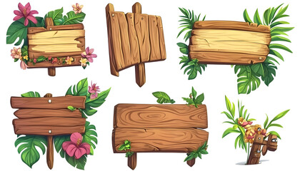 Fototapeta premium Set of wooden signboards with tropical floral elements, perfect for jungle-themed designs or video game interfaces. 