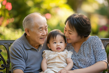 Happy multi-generational family is sitting on a bench in a park, enjoying the warm weather and each other's company