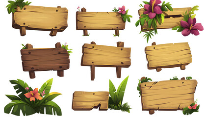 Fototapeta premium Set of wooden signboards with tropical floral elements, perfect for jungle-themed designs or video game interfaces. 
