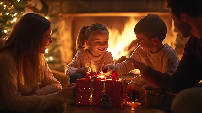 A family gathered around a cozy fireplace, laughing while exchanging gifts during Christmas