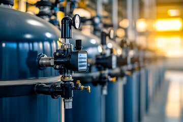 Large industrial water treatment and boiler room showing pressure gauges