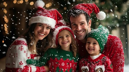 A funny Christmas card photo shoot with a family dressed in silly holiday costumes, creating a lighthearted atmosphere