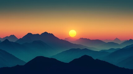 Obraz premium Sunrise over distant mountains with layered silhouettes and warm hues in the early morning sky