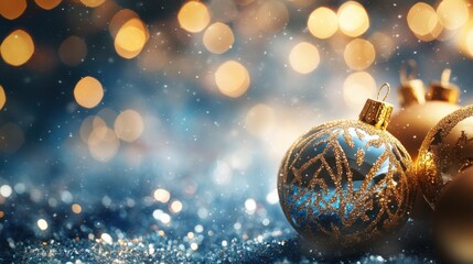 Golden and blue Christmas and New Year holidays background with bokeh, winter season post card. Copy space