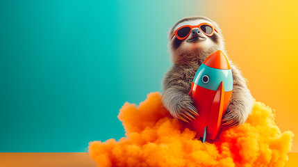 Cute sloth riding rocket studio shot , Fantasy funny animal concept ..