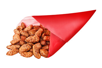 Gebrannte Mandeln und rote Papiertüte Hintergrund transparent PNG cut out Roasted Almonds