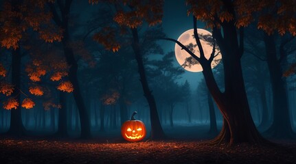 Halloween pumpkin with night forest. Generative ai