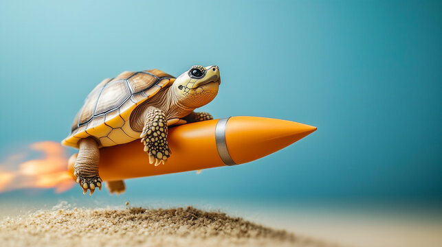 Cute turtle riding rocket studio shot , Fantasy funny animal concept .