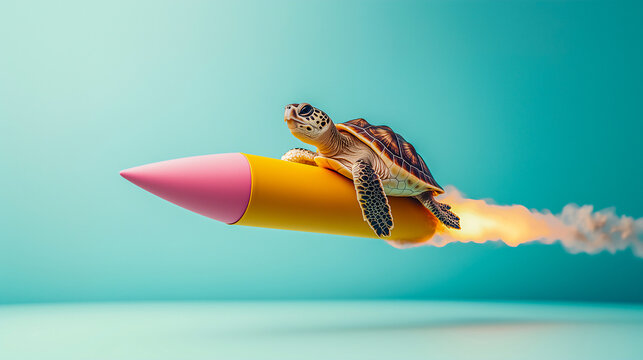 Cute turtle riding rocket studio shot , Fantasy funny animal concept .