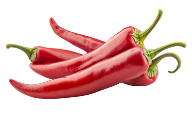 Four red hot chili peppers isolated on transparent background, cutout . PNG
