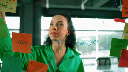 Portrait of smart professional hispanic businesswoman writes marketing ideas on glass board with...