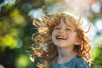 Fototapeta premium A young girl with curly red hair is smiling and laughing
