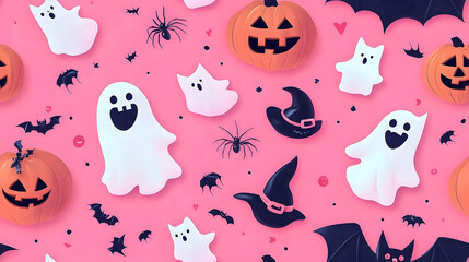 Decorative halloween patterns with ghosts, cats, bats, spiders, witch hats, jack-o'-lanterns and more in pink.