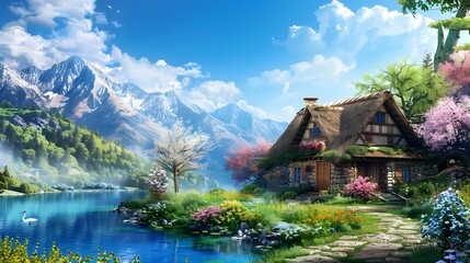 Fototapeta premium A serene landscape with a traditional house by a lake, surrounded by blooming cherry blossoms and snow-capped mountains.