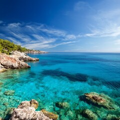 Fototapeta premium Mediterranean Coastline with Crystal Clear Waters and Rocky Shores, A European Paradise