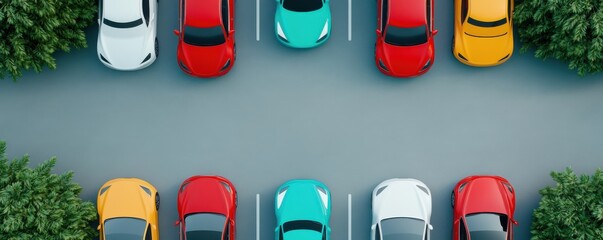 Aerial view of colorful parked cars in a modern parking lot surrounded by greenery, showcasing vehicle diversity and organization.