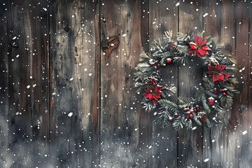 A wreath of red poinsettias is hanging on a wooden wall