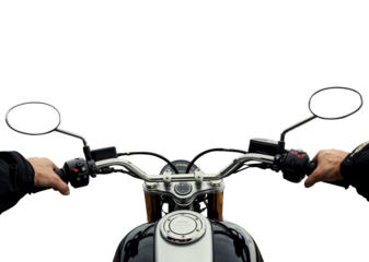 1st person perspective POV of a motorcycle biker driver speeding away on his motorcycle. Transparent background PNG