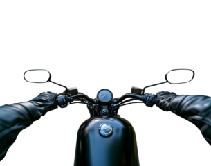 1st person perspective POV of a motorcycle biker driver speeding away on his motorcycle. Transparent background PNG