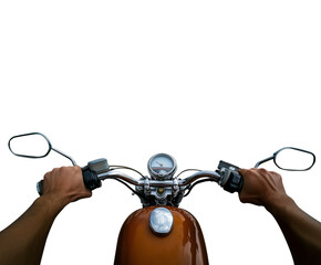 1st person perspective POV of a motorcycle biker driver speeding away on his motorcycle. Transparent background PNG