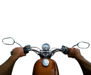 1st person perspective POV of a motorcycle biker driver speeding away on his motorcycle. Transparent background PNG