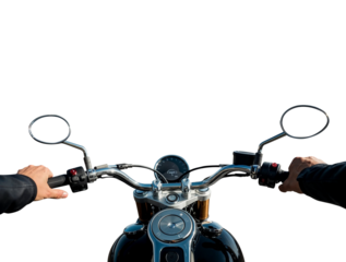 1st person perspective POV of a motorcycle biker driver speeding away on his motorcycle. Transparent background PNG