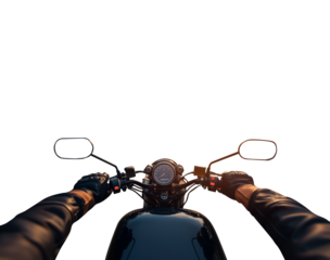 1st person perspective POV of a motorcycle biker driver speeding away on his motorcycle. Transparent background PNG