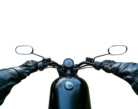 1st person perspective POV of a motorcycle biker driver speeding away on his motorcycle. Transparent background PNG