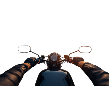 1st person perspective POV of a motorcycle biker driver speeding away on his motorcycle. Transparent background PNG