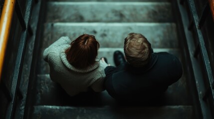 Fototapeta premium An overhead shot captures two individuals sitting on a set of steps, engaged in a calm conversation. The focus is on their interaction in this serene setting.