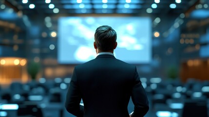 A business professional stands in a modern conference room, overlooking a presentation screen, surrounded by empty chairs.