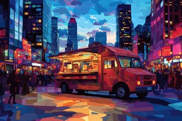 Obraz premium A Red Food Truck Parked in a City at Night
