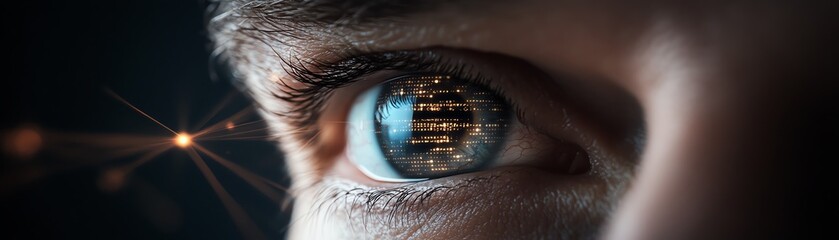 Close-up of a human eye with digital reflections, symbolizing technology, innovation, and vision in a futuristic context.