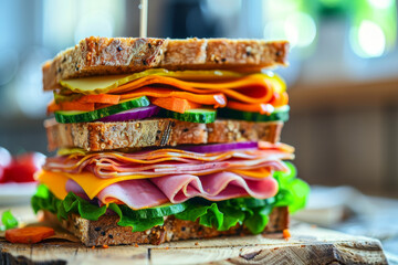 A sandwich with ham, cheese, and vegetables is piled on top of another sandwich