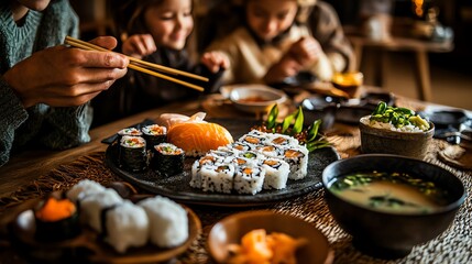 A cozy scene featuring delicious sushi, family gathering, and joyfully shared moments over traditional Japanese cuisine.