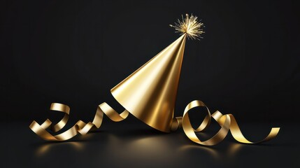 Happy New Year 2024 celebration gold party hat with ribbons.