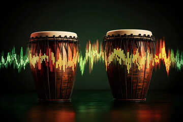 Conga drums with colorful sound wave visualization, music production and audio engineering concepts