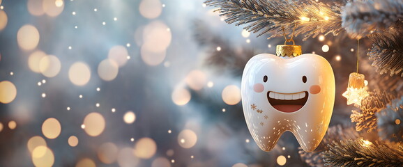 Smiling tooth Christmas ornament hanging on snowy pine branch. Dental care holiday concept. Festive decoration for dentist office or oral hygiene awareness campaign with copy space