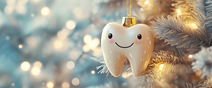 Smiling tooth Christmas ornament on snowy pine branch closeup. Dental care holiday concept. Festive decoration for dentist office or oral hygiene awareness campaign. Banner with copy space