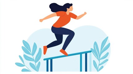 Overcoming obstacles, person jumping over hurdles, flat design illustration