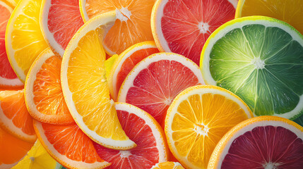 Vibrant slices of citrus fruits arranged beautifully, showcasing a colorful medley of oranges, lemons, limes, and grapefruits.